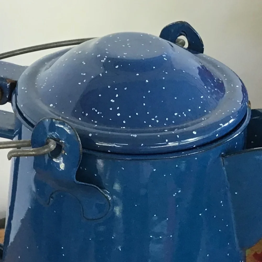 Vintage Blue Speckled Enamel Coffee Pot Kettle Camping Rustic Farmhouse